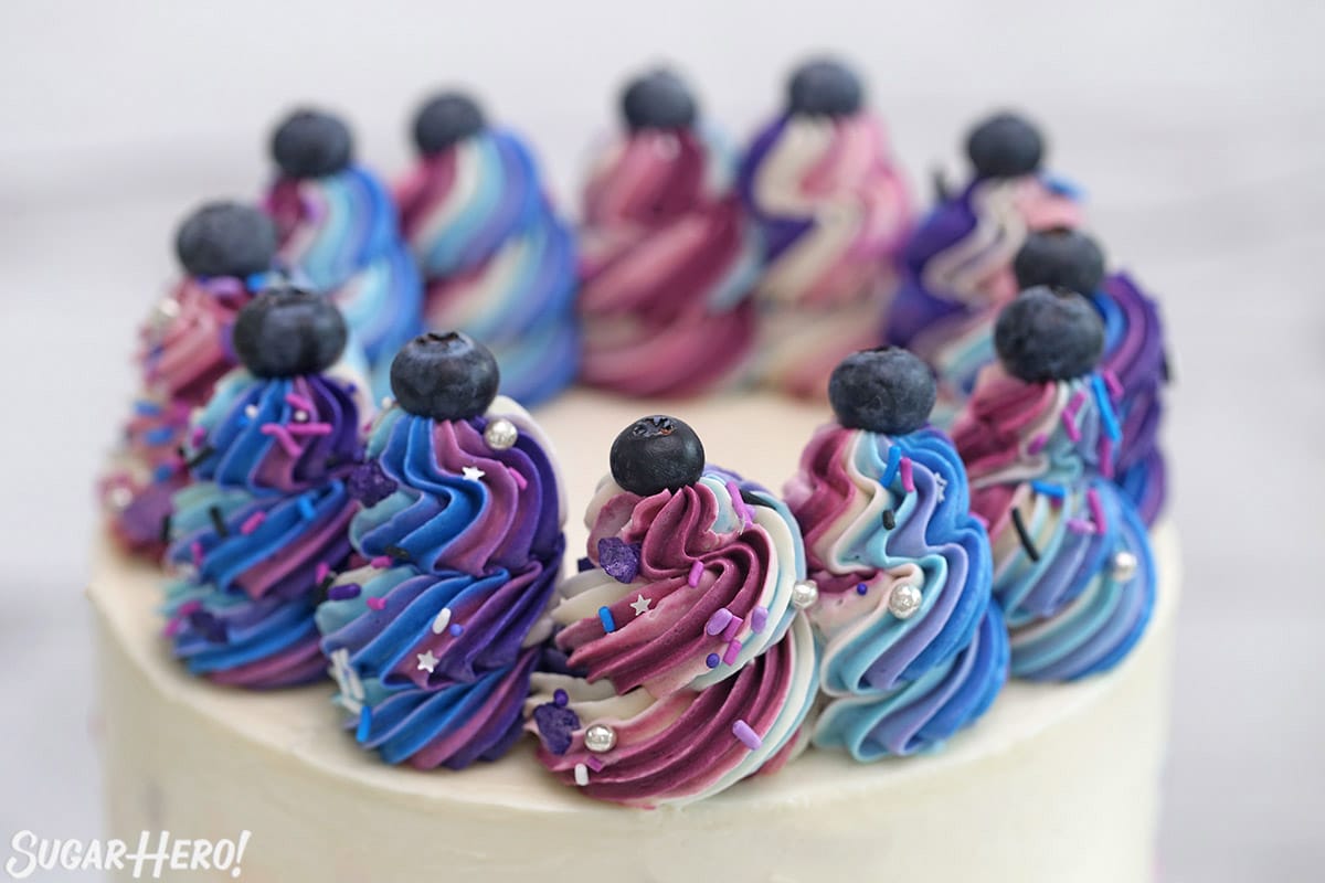 Close-up of the multi-colored frosting rosettes on top of a blueberry cake.