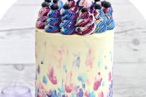 Photo of Blueberry Layer Cake with text overlay for Pinterest.