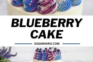 Two photo collage of Blueberry Layer Cake with text overlay for Pinterest.