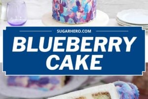 Two photo collage of Blueberry Layer Cake with text overlay for Pinterest.