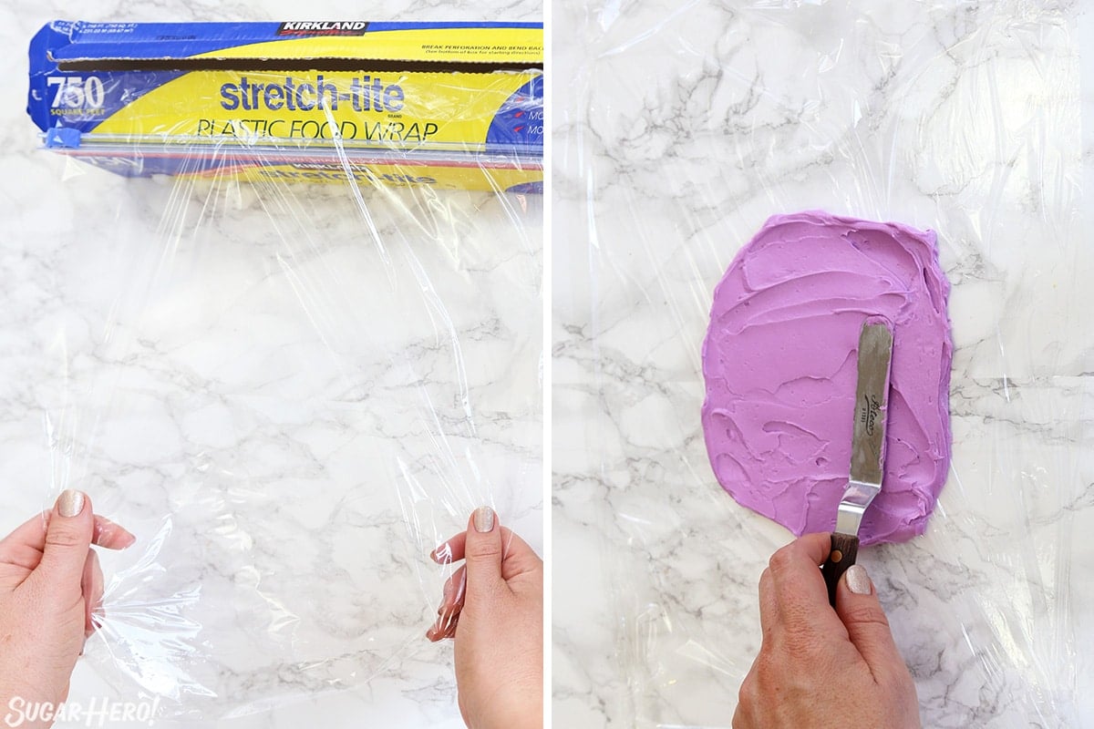 Two-photo collage showing how to spread buttercream on a piece of plastic wrap.