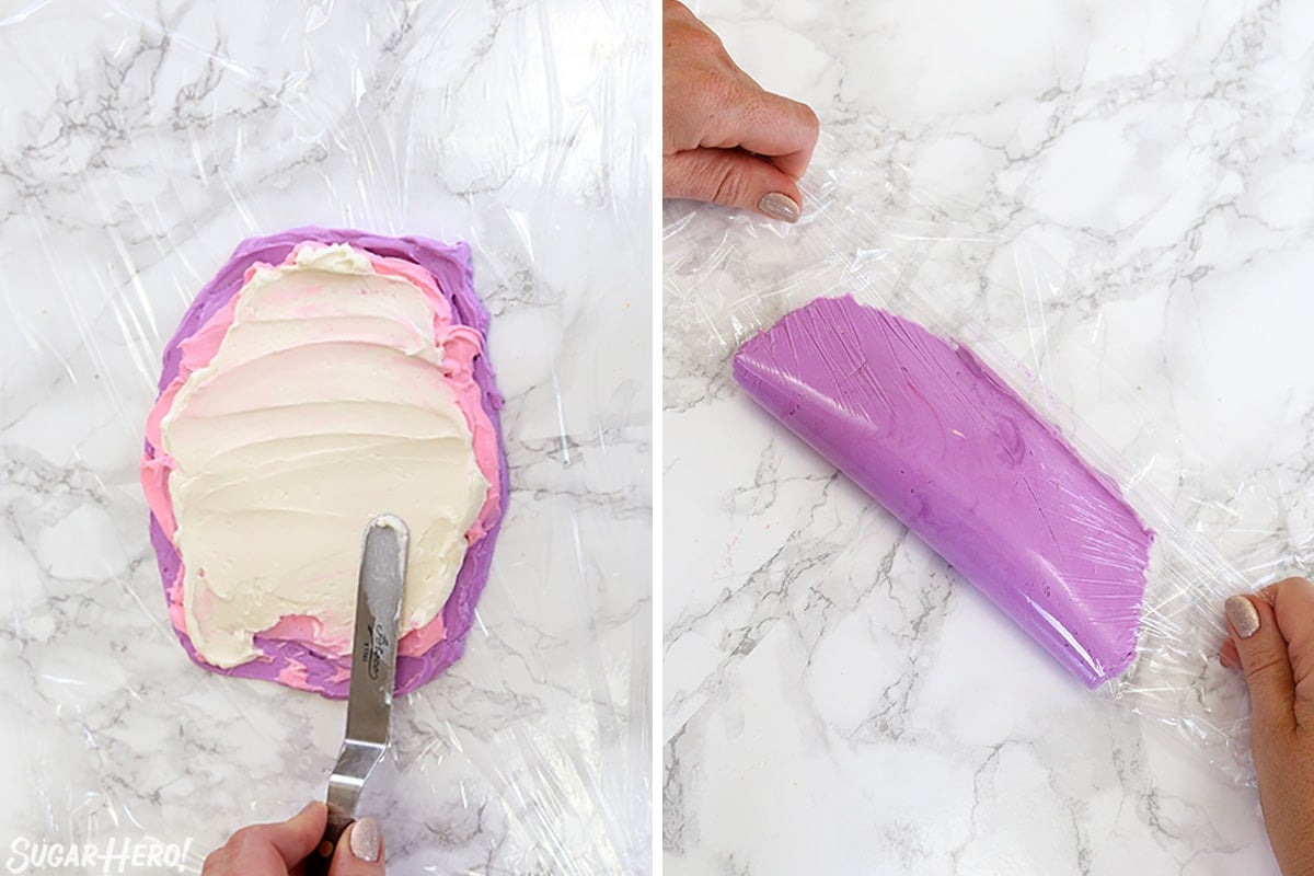 Two-photo collage showing how to make a multi-colored piping bag.