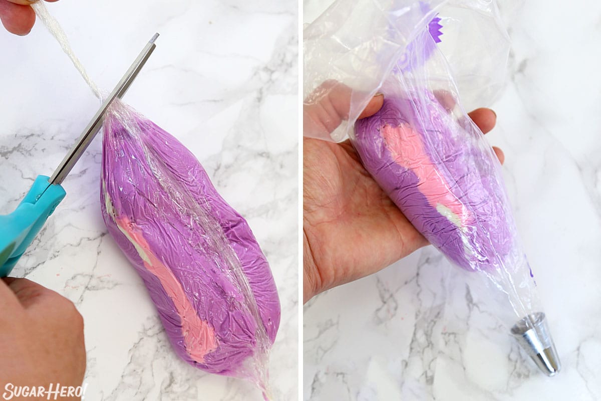 Two-photo collage showing how to prep the piping bag for hydrangea cakes.