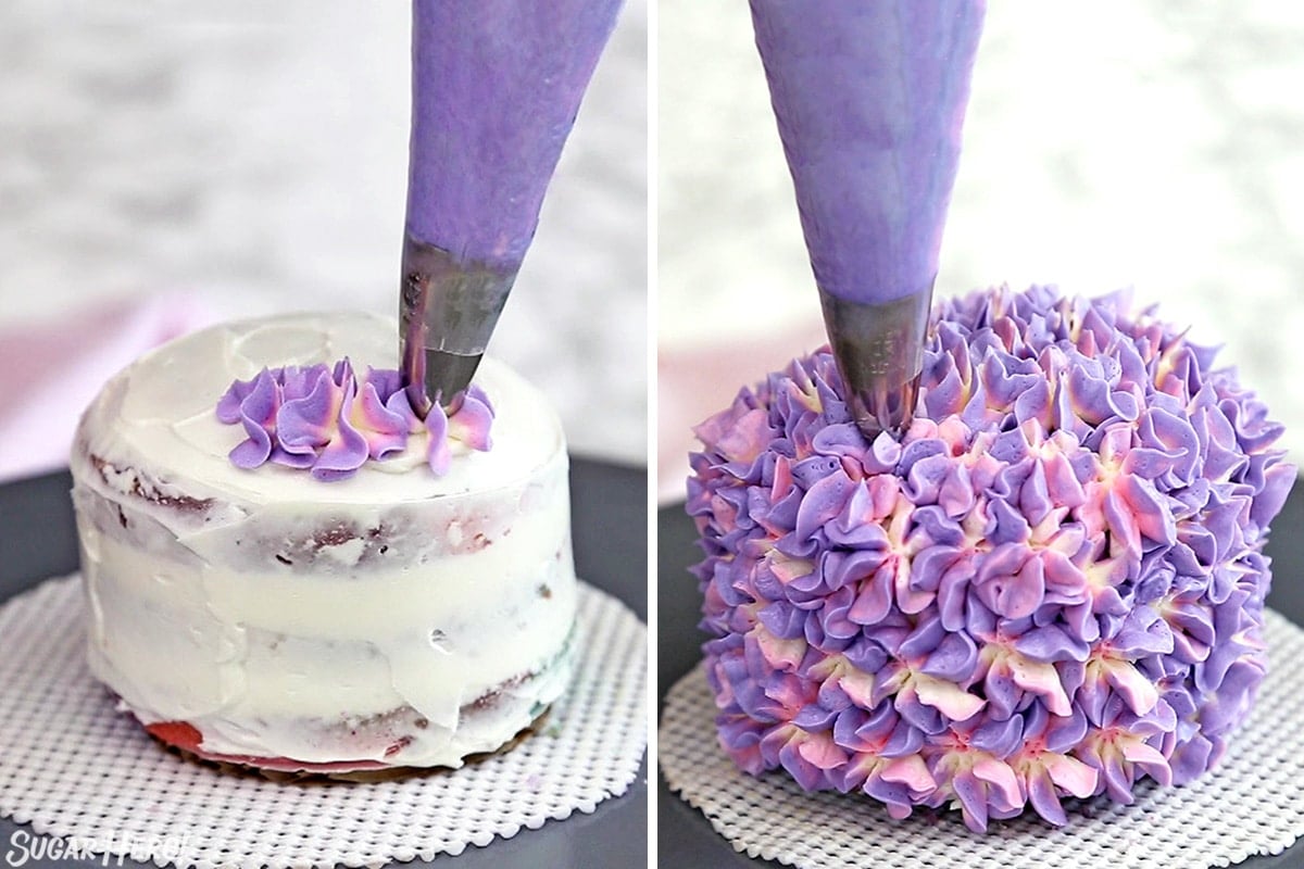 Two-photo collage showing how to pipe buttercream on a mini hydrangea cake.