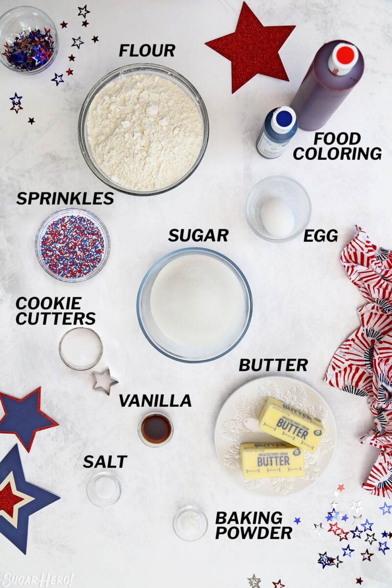 Overhead shot of ingredients needed to make Stars and Stripes Sugar Cookies.
