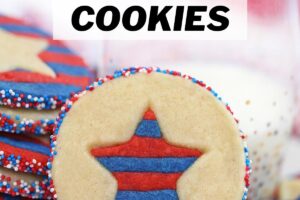 Photo of Stars and Stripes Sugar Cookies with text overlay for Pinterest.