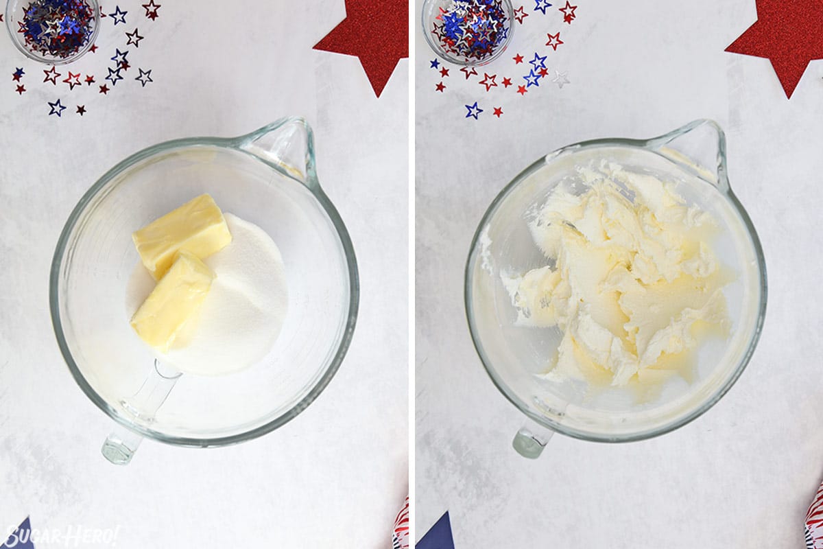Two photo collage showing how to make sugar cookie dough.