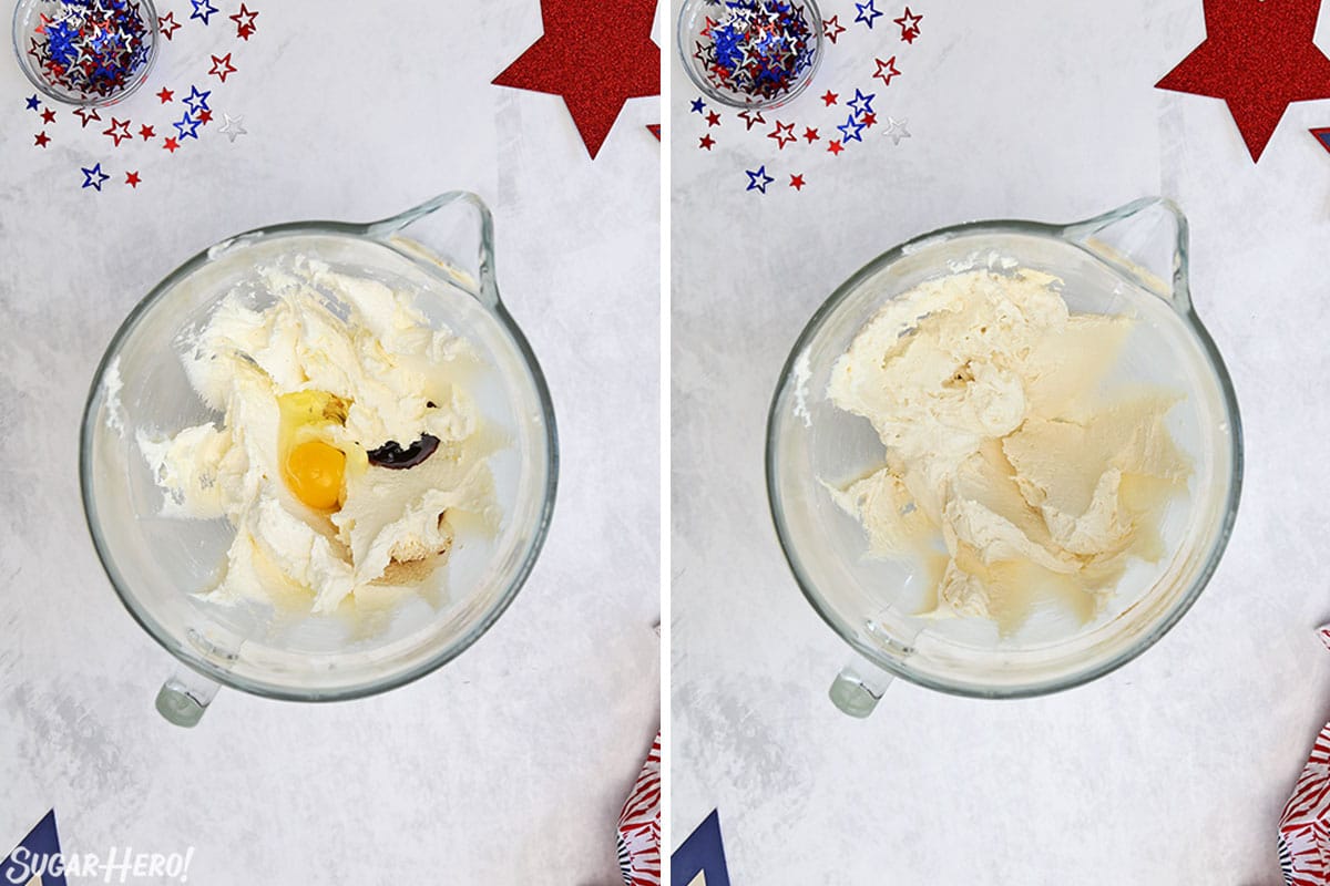 Two photo collage showing adding an egg to cookie dough.