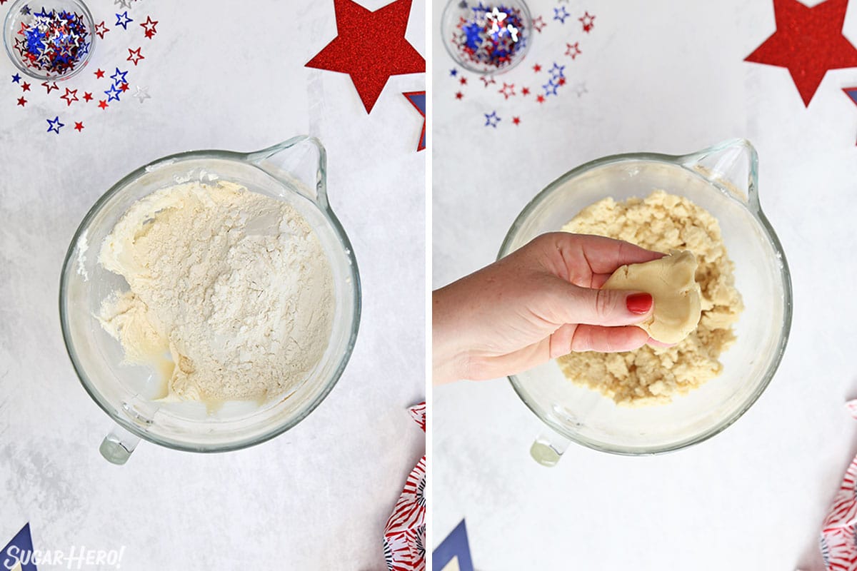 Two photo collage showing the final texture of sugar cookie dough.
