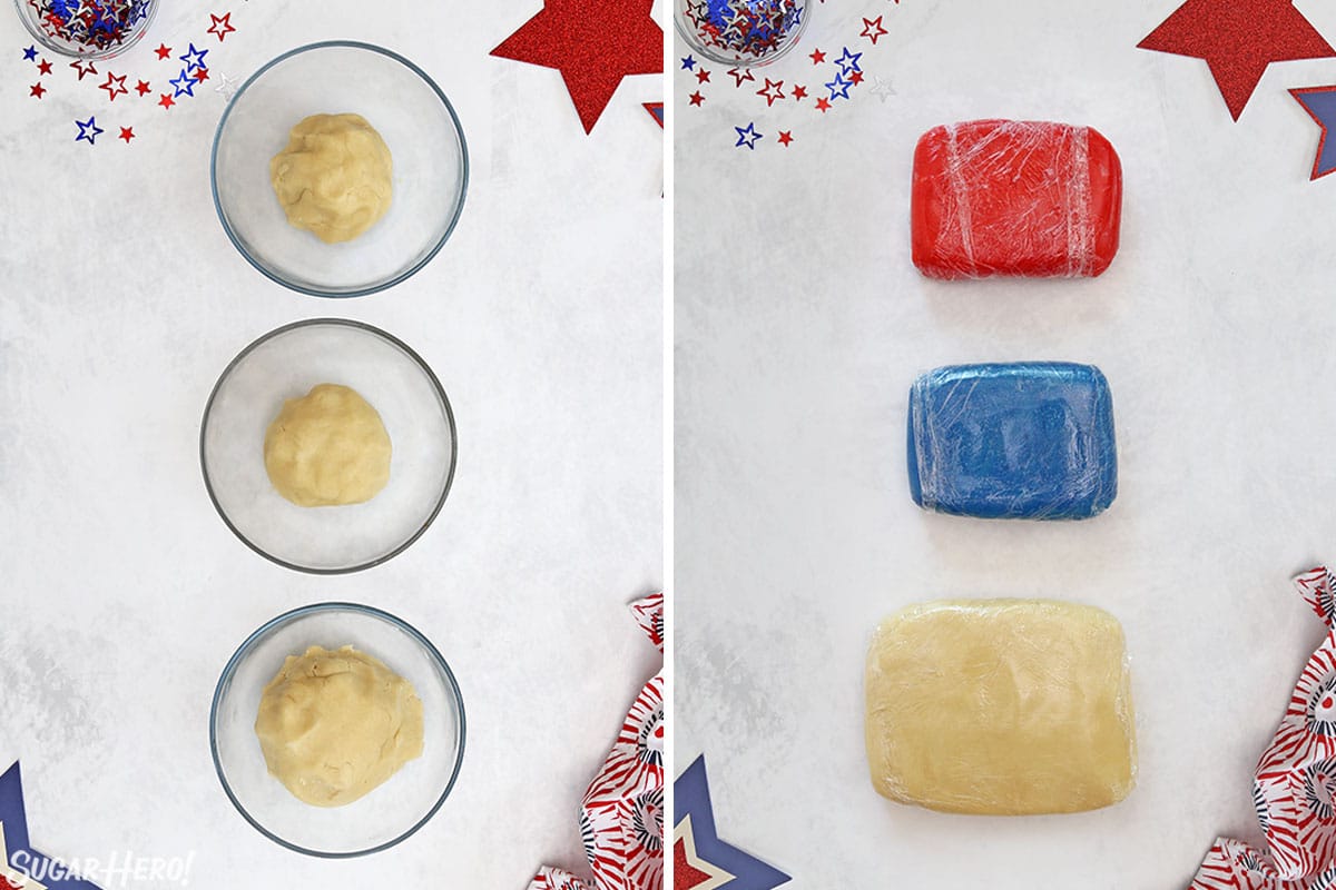 Two photo collage showing dividing and coloring sugar cookie dough.
