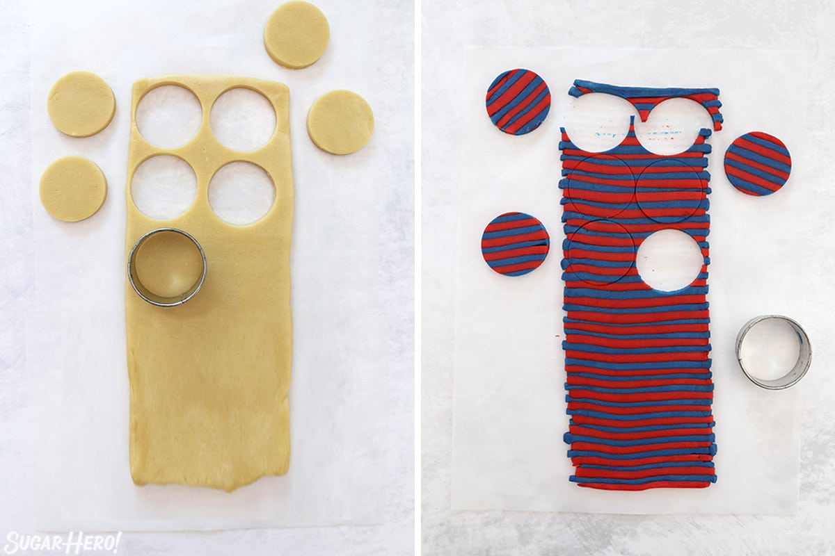Two photo collage showing cutting circles out of striped and plain cookie dough.
