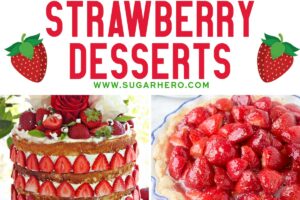 Six photo collage of strawberry dessert recipes.