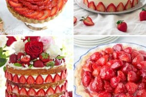Six photo collage of strawberry dessert recipes.