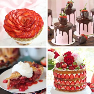 Four photo collage of strawberry dessert recipes.