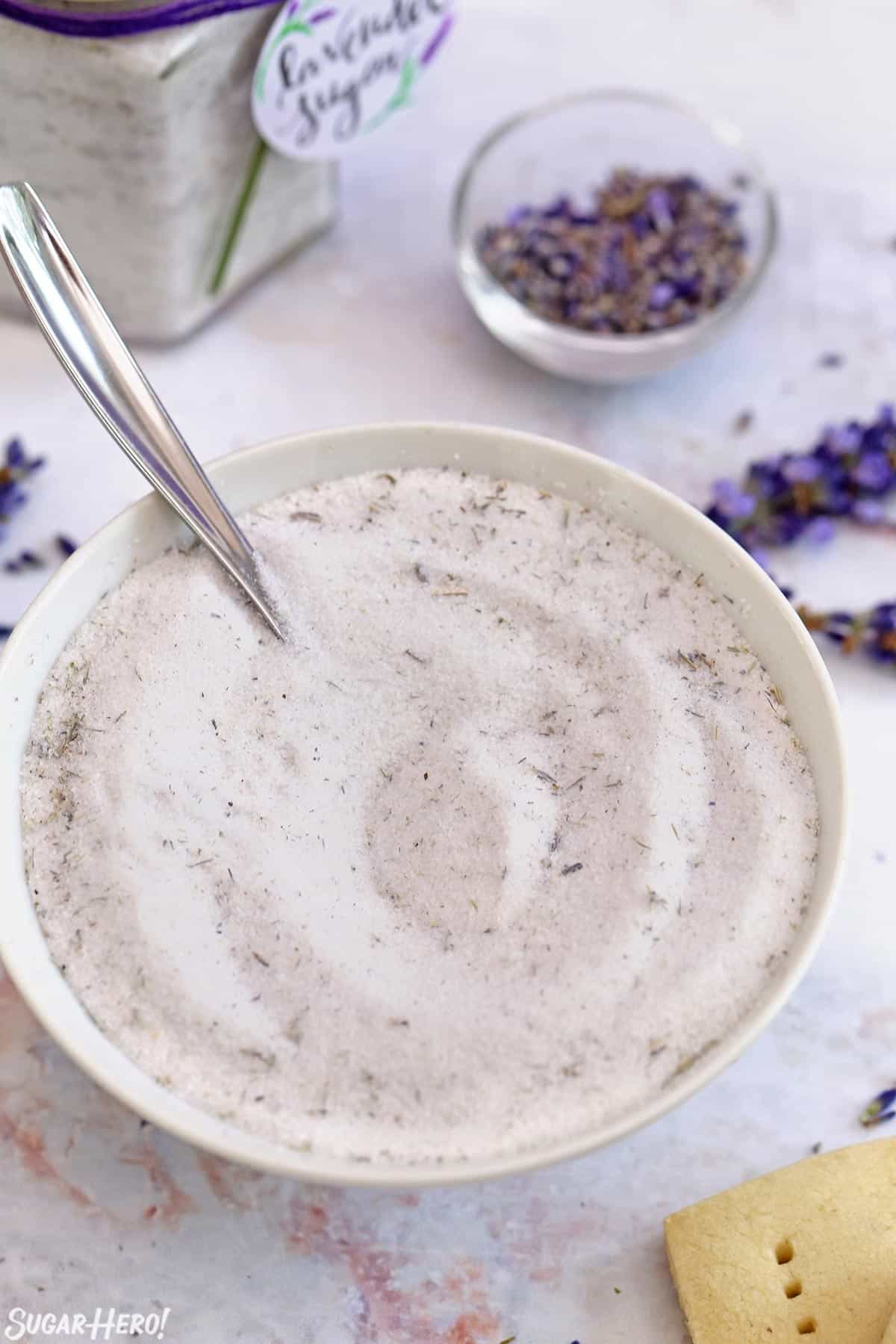 Lavender sugar in a white bowl on a marble surface, with lavender buds scattered around.