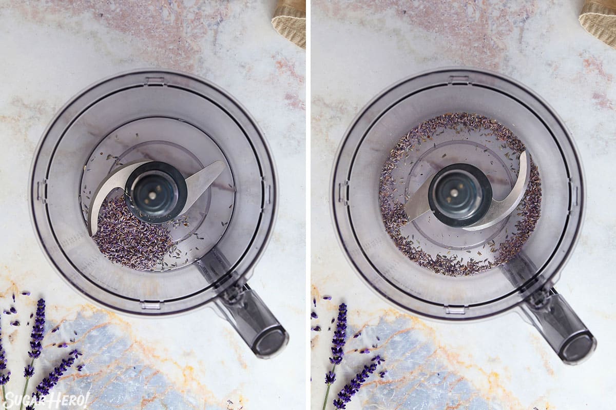 Two photo collage showing how to grind up lavender buds to make lavender sugar.