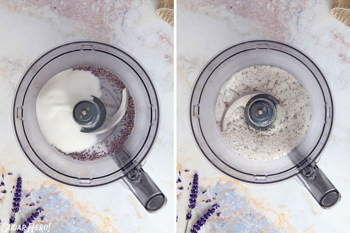 Two photo collage showing adding some sugar to ground lavender buds to make lavender sugar.
