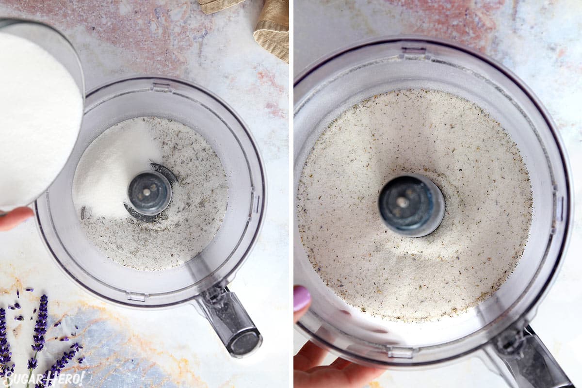 Two photo collage showing adding additional sugar to lavender sugar, and the finished product.