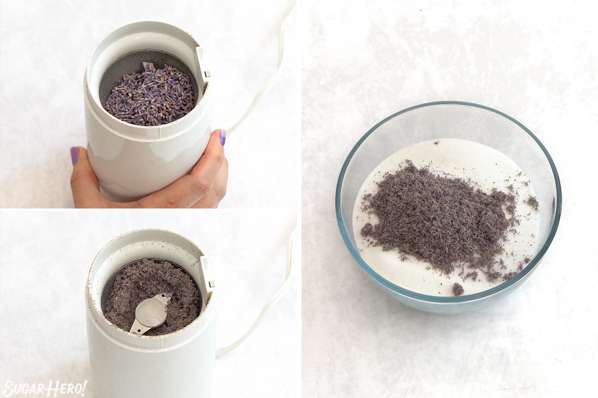 Three photo collage showing how to use a coffee grinder to grind lavender buds and make lavender sugar.