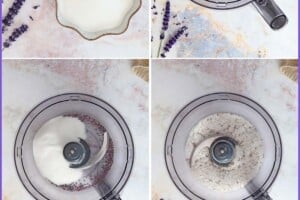 Six photo collage of Lavender Sugar with text overlay for Pinterest.
