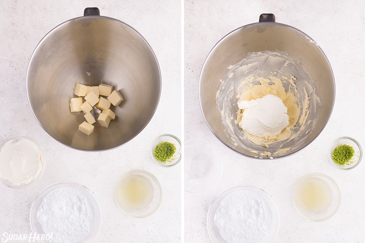 Two-photo collage showing how to whip butter and cream cheese for cream cheese frosting.