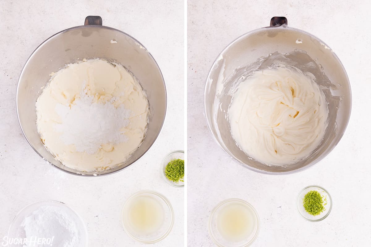 Two-photo collage showing adding powdered sugar to cream cheese frosting.