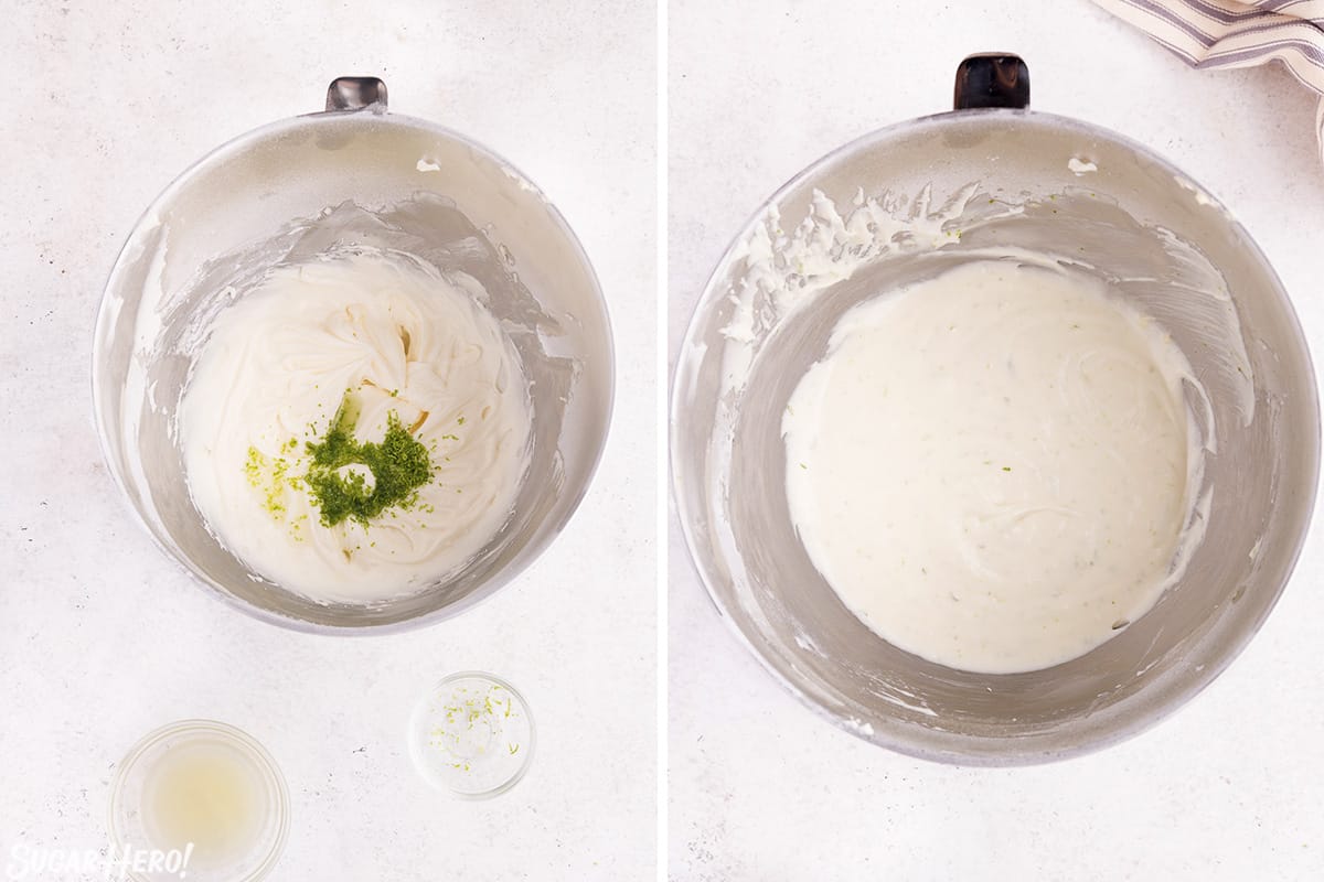 Two-photo collage showing adding lime juice and zest to cream cheese frosting.