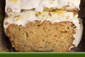 Picture of zucchini bread with text overlay for Pinterest.