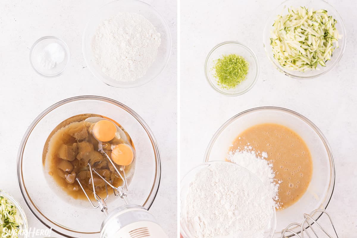 Two-photo collage showing how to mix the ingredients to make zucchini bread.