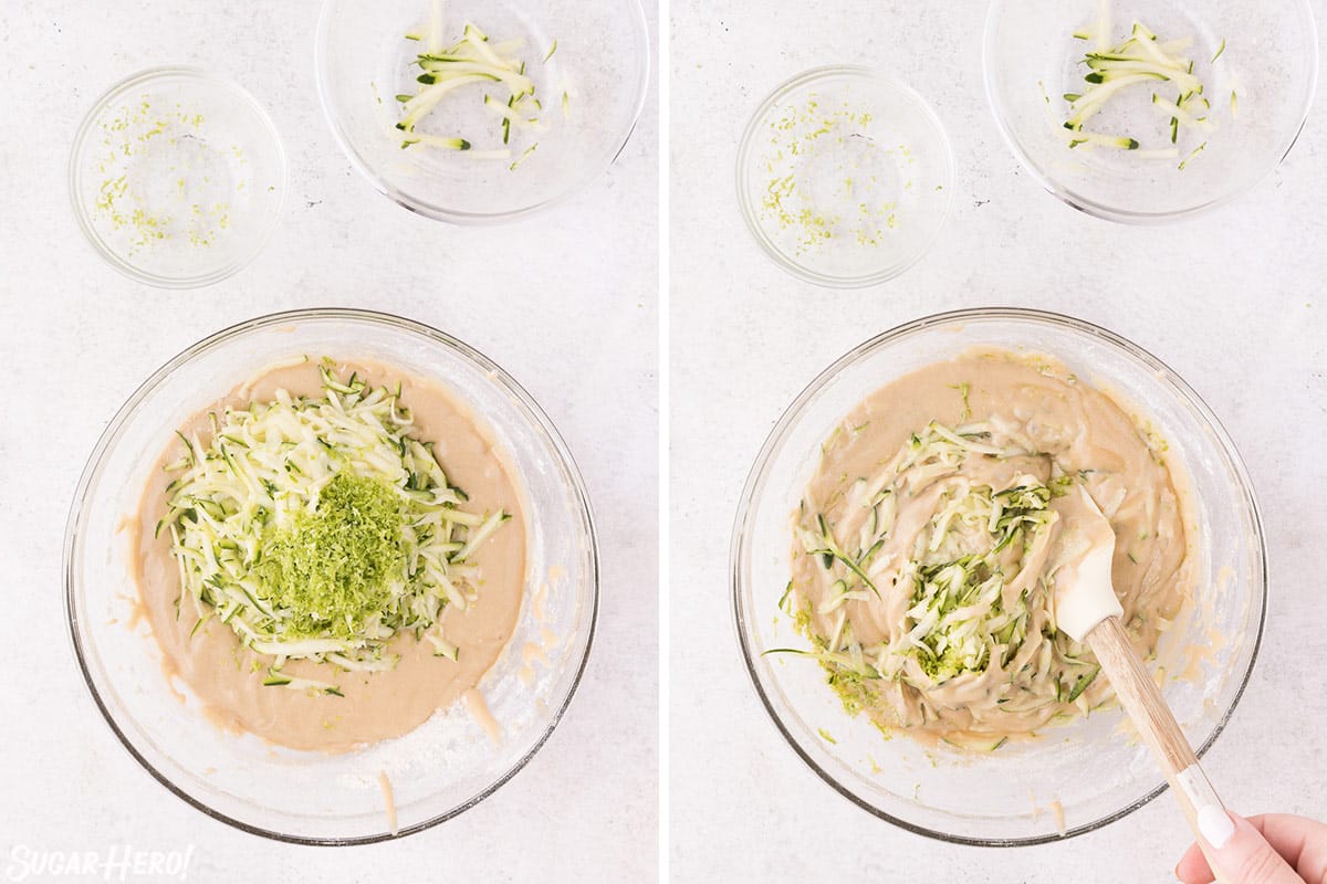 Two-photo collage showing how to add grated zucchini and lime zest to zucchini bread batter.