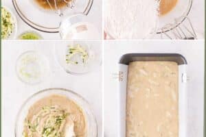 Six-photo collage showing how to make zucchini bread.