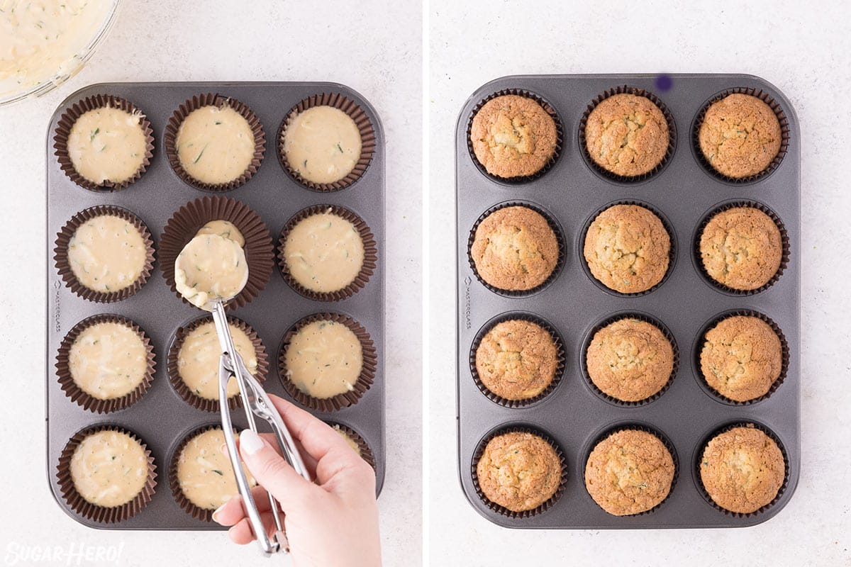 Two-photo collage showing scooping and baking zucchini cupakes.