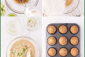 Six-photo collage showing how to make zucchini cupcakes.