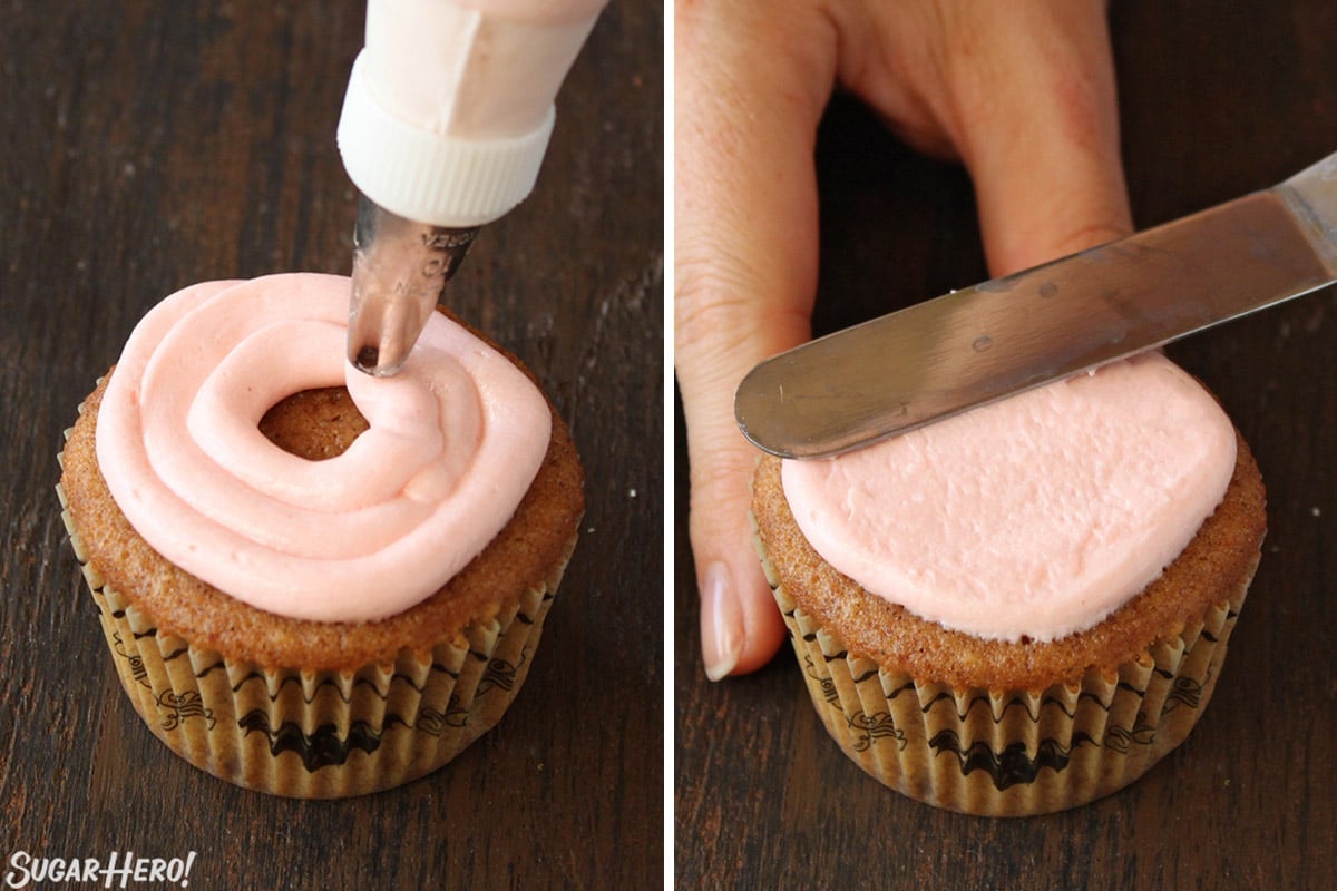 2 photo process picture of piping pink frosting onto a cupcake and then smoothing it with a knife to begin decorating Brain Cupcakes.