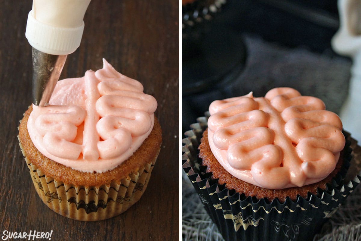 2 photo process picture of adding swirls of "brain" frosting to complete finished Brain Cupcake.