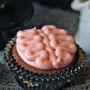 Close up of Brain Cupcake in black cupcake liner.