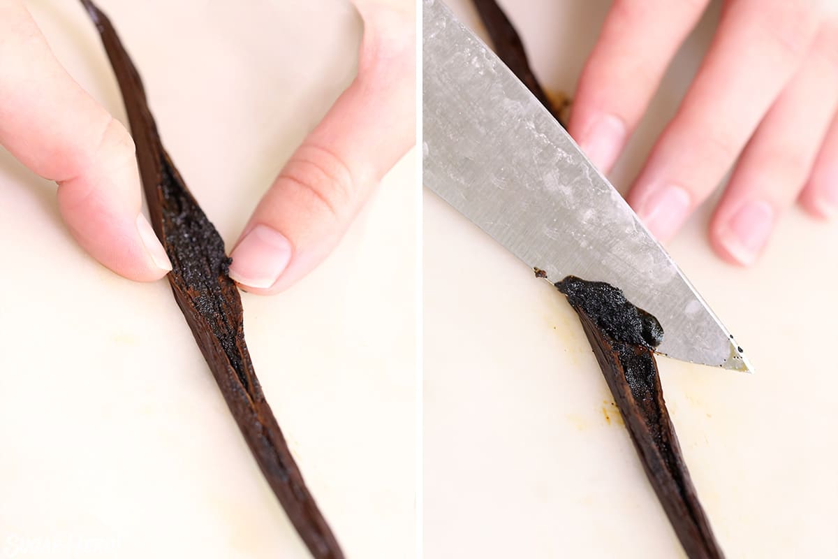 Two photo collage showing how to scrape seeds from vanilla bean pod.