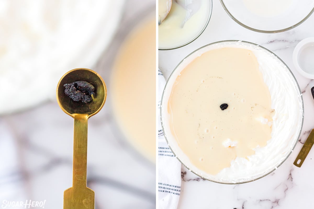 Two photo collage showing adding vanilla beans to ice cream base.
