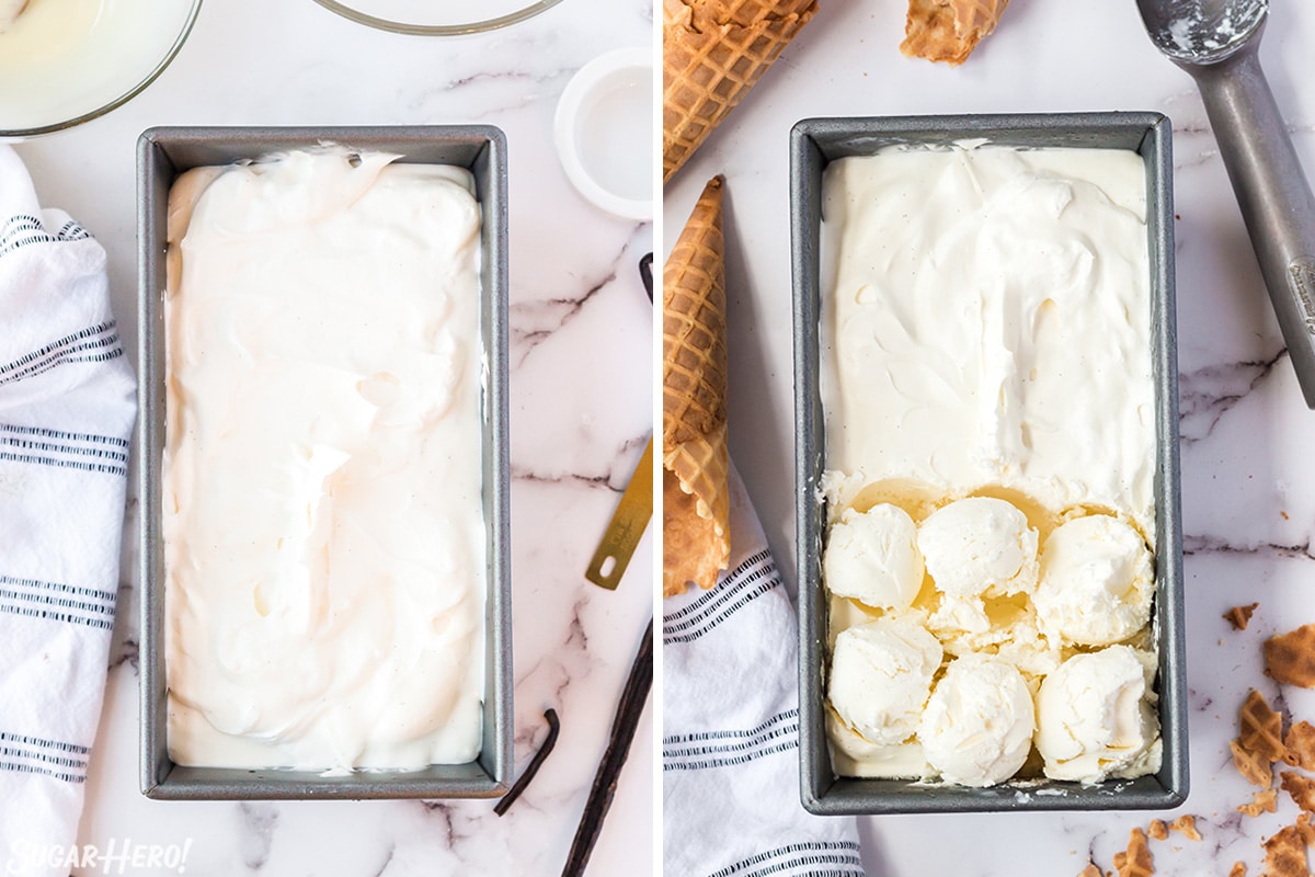 Two photo collage showing freezing and scooping vanilla ice cream.