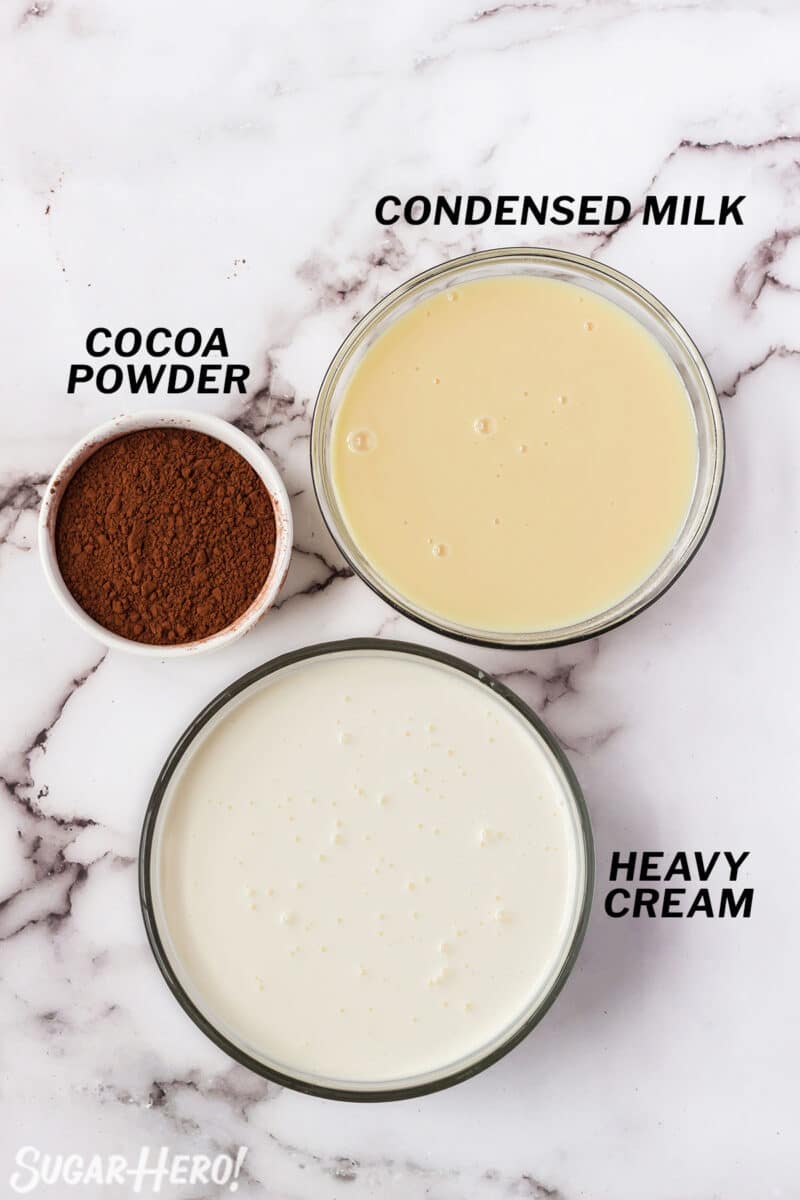 Ingredients for No-Churn Chocolate Ice Cream on a marble countertop.