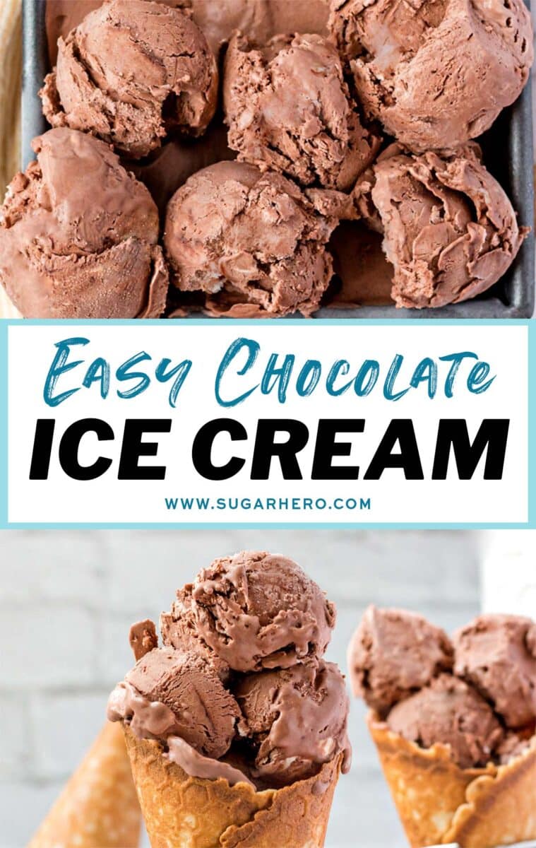 2 photo collage of No-Churn Chocolate Ice Cream with text overlay for Pinterest.