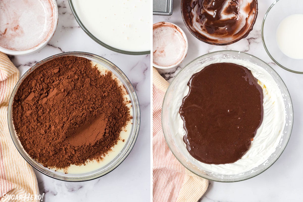 2 step process picture of mixing cocoa powder, condensed milk and whipped cream for No-Churn Chocolate Ice Cream.
