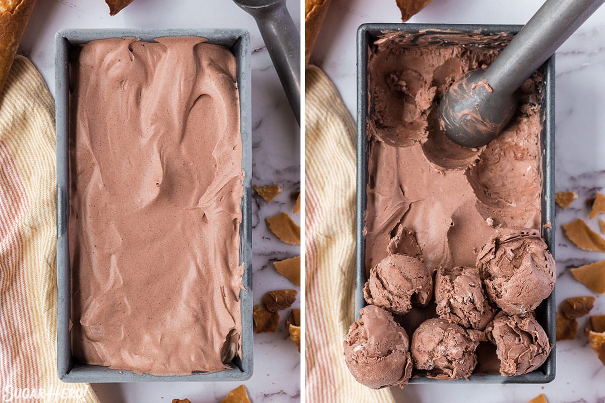 2 step process picture of frozen and scooped No-Churn Chocolate Ice Cream in a silver container.