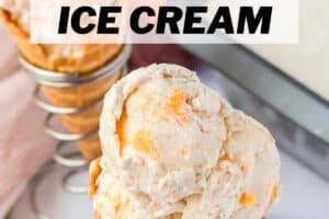 1 photo of No-Churn Peach Ice Cream with text overlay for Pinterest.