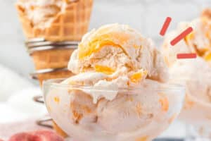 1 photo of No-Churn Peach Ice Cream with text overlay for Pinterest.