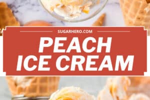 2 photo collage of No-Churn Peach Ice Cream with text overlay for Pinterest.