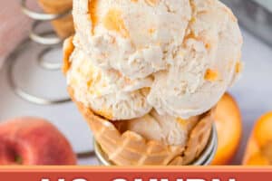 1 photo of No-Churn Peach Ice Cream with text overlay for Pinterest.