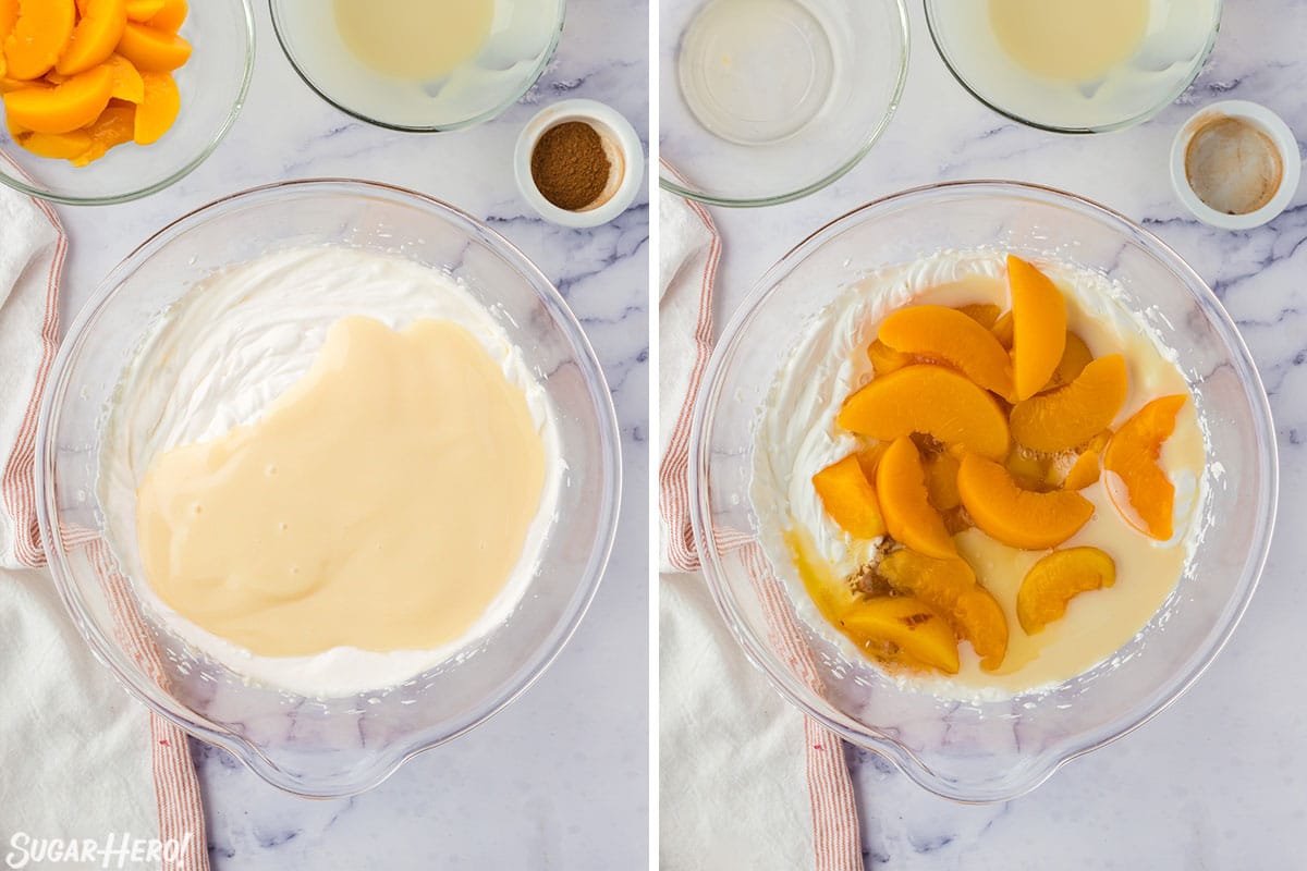 No-Churn Peach Ice Cream process picture showing sweetened condensed milk, peaches and cinnamon ready to be stirred into whipped cream.