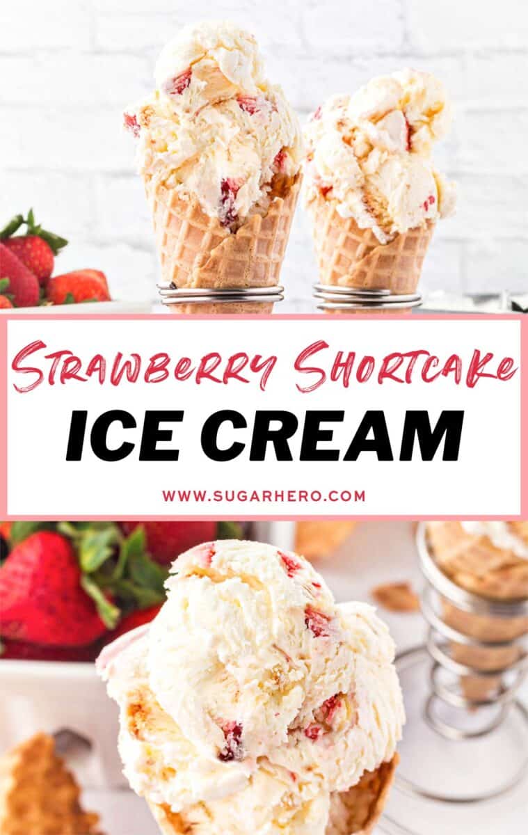 2 photo collage of No-Churn Strawberry Ice Cream with text overlay for Pinterest.