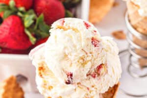 1 photo of No-Churn Strawberry Shortcake Ice Cream with text overlay for Pinterest.